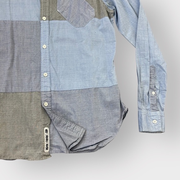 WON Woolf Men's Blue Gray Patchwork Colorblock Long Sleeve Button Down Shirt - Picture 3 of 5